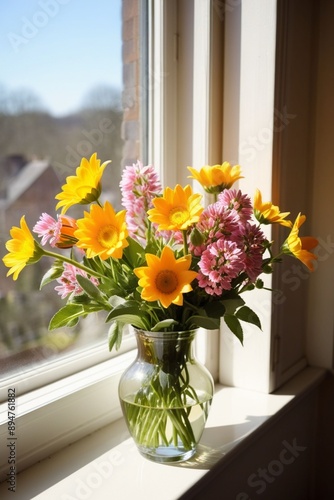 Beautiful flowers in a vase by the window, vertical composition