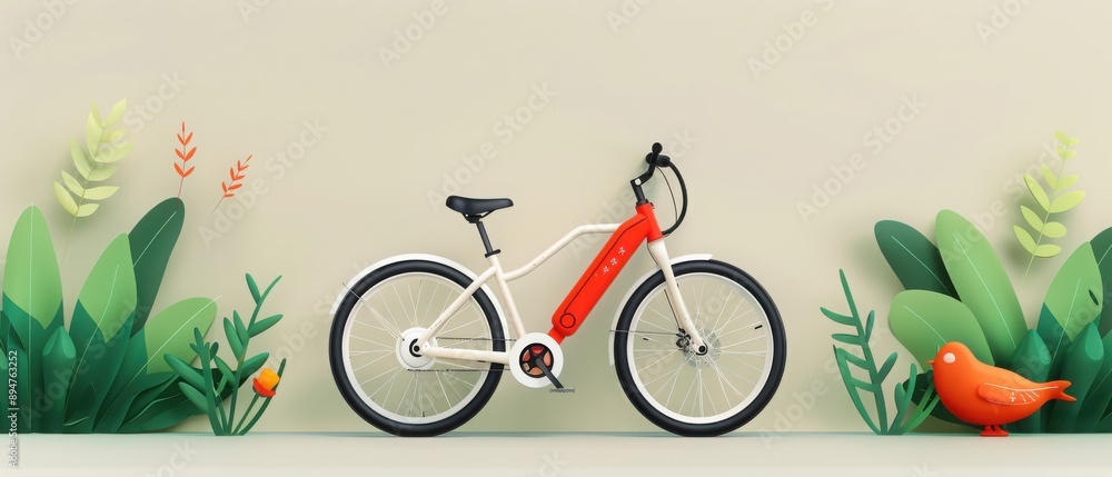 Fototapeta premium A vibrant bicycle stands against a colorful backdrop of greenery and a whimsical bird, perfect for adventure and exploration.