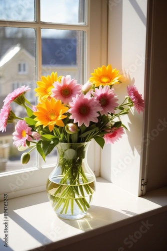 Beautiful flowers in a vase by the window, vertical composition