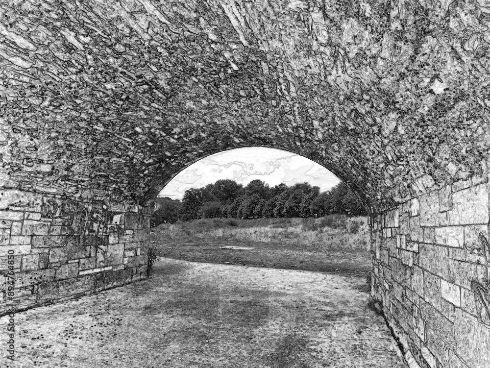 Old stone bridge in Ireland, ancient bridge made of stones and bricks. Black and white monochrome photo. Pencil drawn sketch Old stone bridge in Ireland, ancient bridge made of stones and bricks. Black and white monochrome photo. Pencil drawn sketch