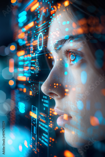  AI cyber security, Young woman surrounded by digital data overlay displaying statistics, conveying innovation and analytical thinking in modern workspace.