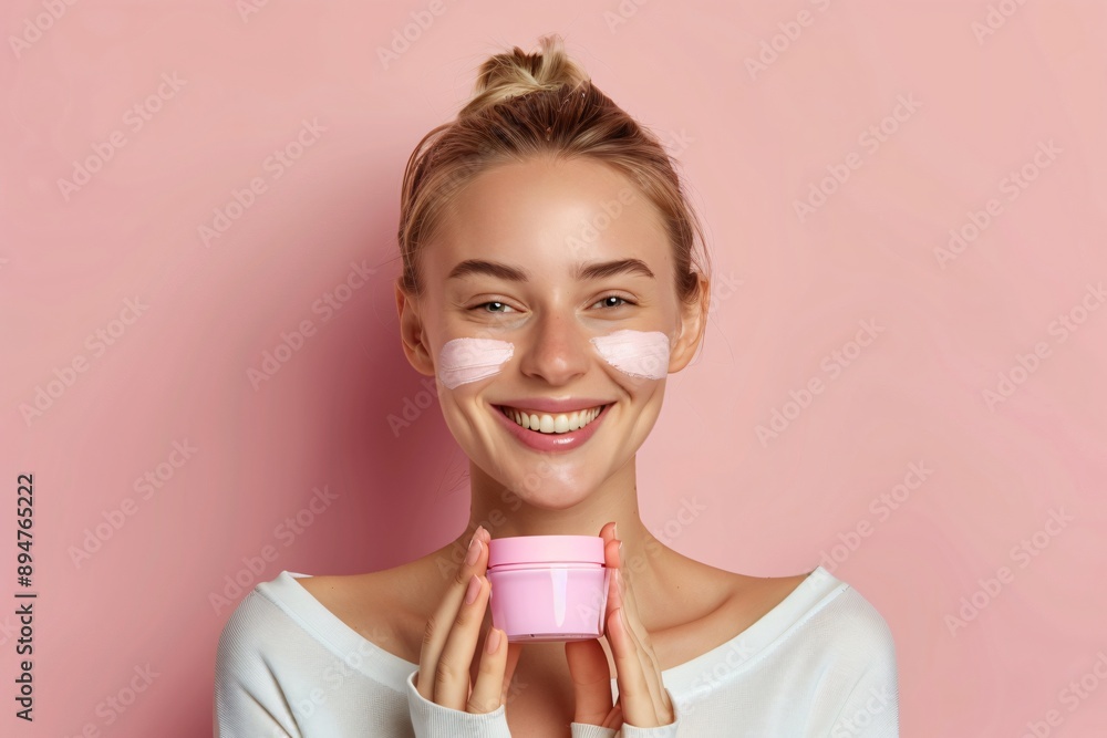 Radiant Beauty Glamorous Woman Holding Cosmetic Product with Confidence Radiant Beauty Glamorous Woman Holding Cosmetic Product with Confidence
