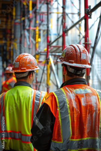  civil engineering construction, Construction workers in hard hats and reflective vests conduct a safety briefing at a job site.