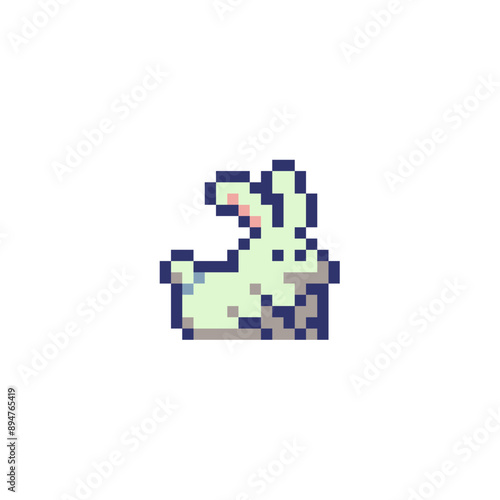 Hare pixel art cartoon character. Bunny. Cute rabbit. Video game sprite. Happy Easter. Stickers and embroidery design. 80s style. Isolated vector illustration. 