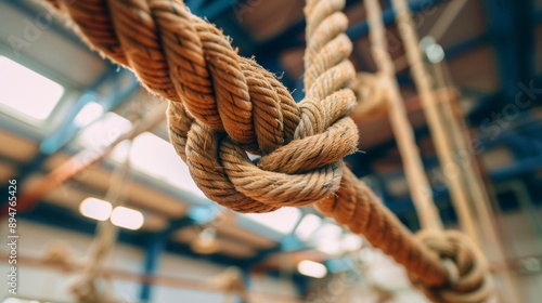 Close-up of a thick, knotted rope hanging indoors.