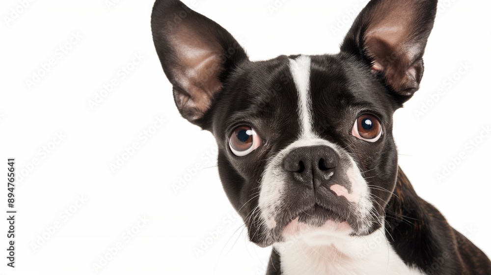 A black and white dog with a black nose and brown ears is staring at the camera. The dog's expression is serious and focused A black and white dog with a black nose and brown ears is staring at the camera. The dog's expression is serious and focused