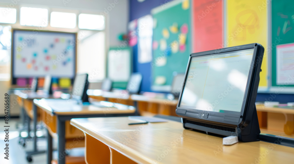 A modern classroom with desks, computers, and colorful walls. A modern classroom with desks, computers, and colorful walls.