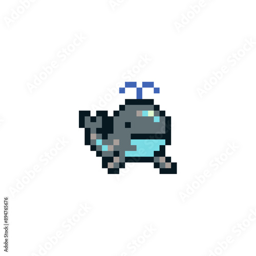 Spouting whale emoji, pixel art icon grampus isolated vector illustration. Game assets 1-bit sprite. Design stickers, logo, mobile app, embroidery.