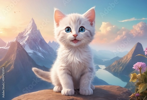 Cute White Kitten in Majestic Mountain Landscape