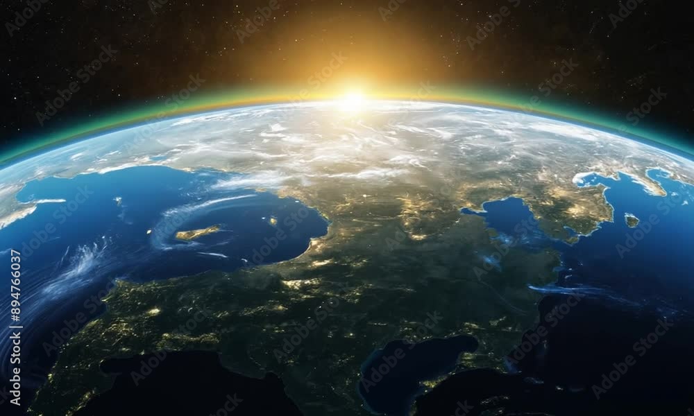 4K Beautiful sunrise world skyline. Planet earth from space. Planet earth rotating animation. 4K Video hyperrealistic 4K Beautiful sunrise world skyline. Planet earth from space. Planet earth rotating animation. 4K Video hyperrealistic