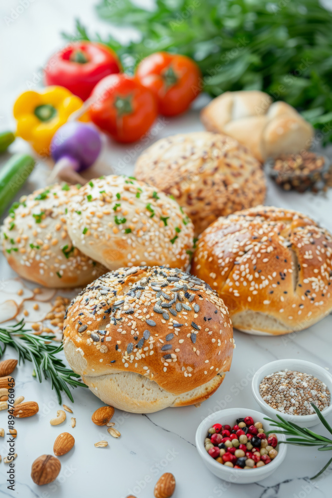 healthy bread, Fresh, colorful rolls packed with grains and nuts on a marble countertop. healthy bread, Fresh, colorful rolls packed with grains and nuts on a marble countertop.