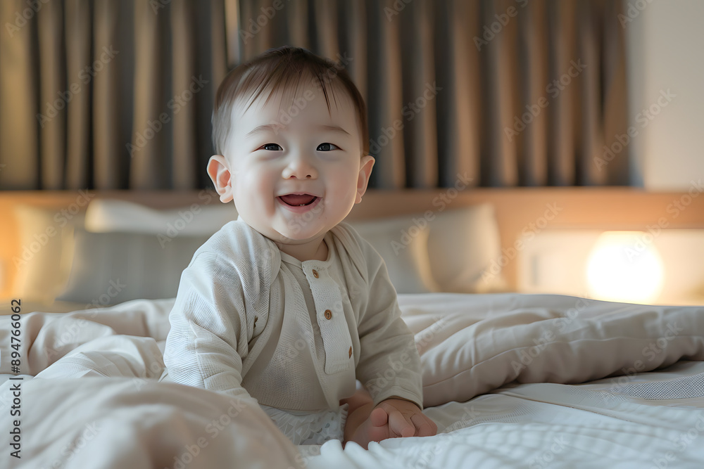 Adorable baby boy with bright eyes and joyful expression on a cozy bed at home Adorable baby boy with bright eyes and joyful expression on a cozy bed at home