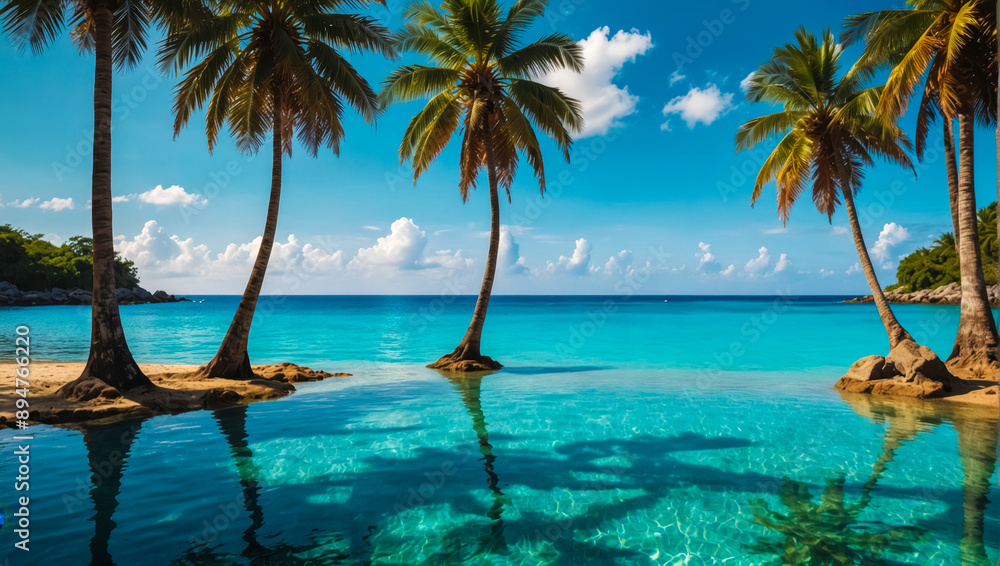 Naklejka premium An beautiful and calming beach image is what I'm looking for. I would like the image to showcase a wide view of the beach, with clean sand and clear ocean water.
