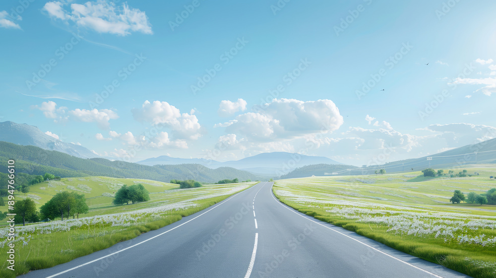 Fototapeta premium futuristic investment, Deserted highway, electric vehicle, picturesque countryside, nature's beauty, futuristic investment.