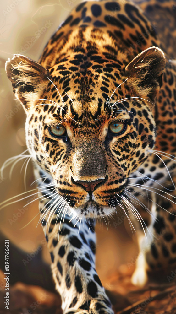 Focus of a leopard moving forward in wild habitat Focus of a leopard moving forward in wild habitat