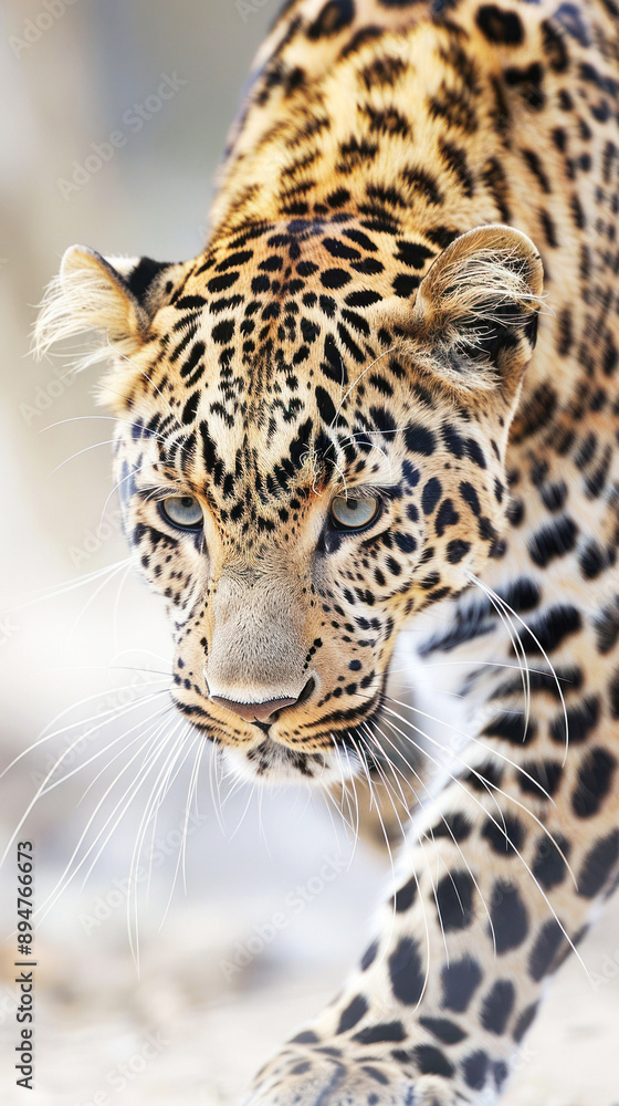 Naklejka premium Leopard poised in hunting stance, sharp eyes