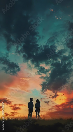 Silhouetted Couple Amidst Serene Landscape and Vibrant Sunset Sky