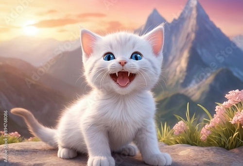 Cute White Kitten in Majestic Mountain Landscape
