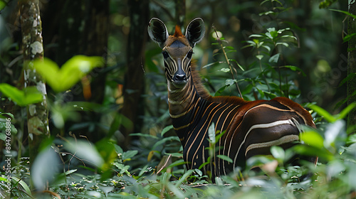 Naklejka Elegant okapi in dense Congo rainforest, zebra-like stripes, 