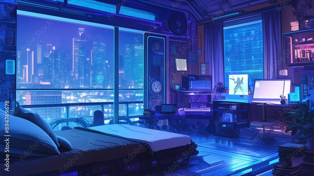 A cozy cyberpunk apartment interior with large windows overlooking the city at night, featuring retro-futuristic decor and tech gadgets, illuminated in neon lights. generated AI A cozy cyberpunk apartment interior with large windows overlooking the city at night, featuring retro-futuristic decor and tech gadgets, illuminated in neon lights. generated AI