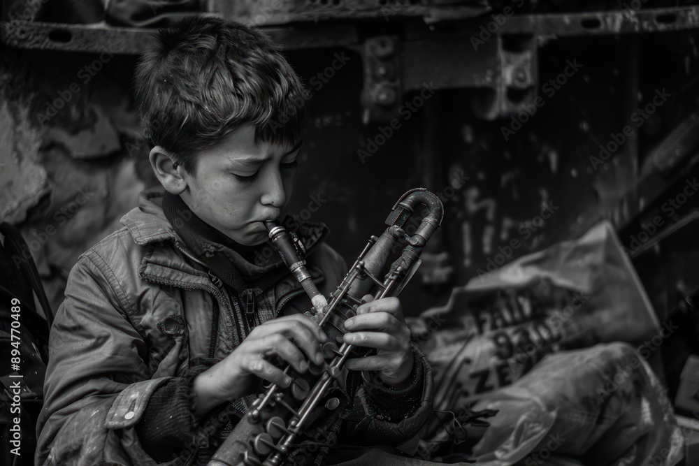 Fototapeta premium artists BW street-photo style image of a boy playing unknown steam-punk style music instrumet