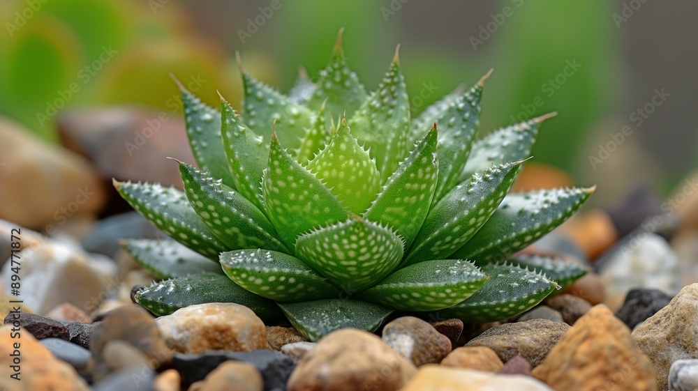 A beautiful close-up of a green succulent plant, surrounded by small pebbles. A beautiful close-up of a green succulent plant, surrounded by small pebbles.
