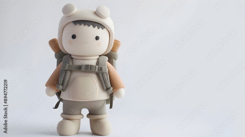 Fototapeta premium Adorable Clay Hiker with Backpack on White Background