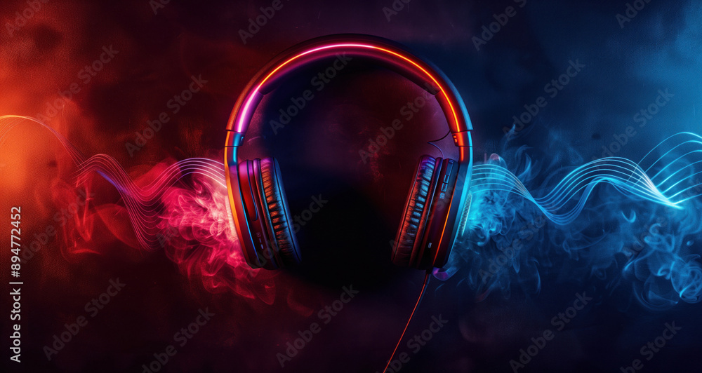 Fototapeta premium Modern headphones with sound wave on dark background, neon light effect