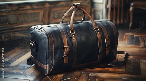 Black leather travel duffel bag, luxurious weekender, high-end luggage, brown leather straps and accents, brushed metal hardware, herringbone wooden floor. 