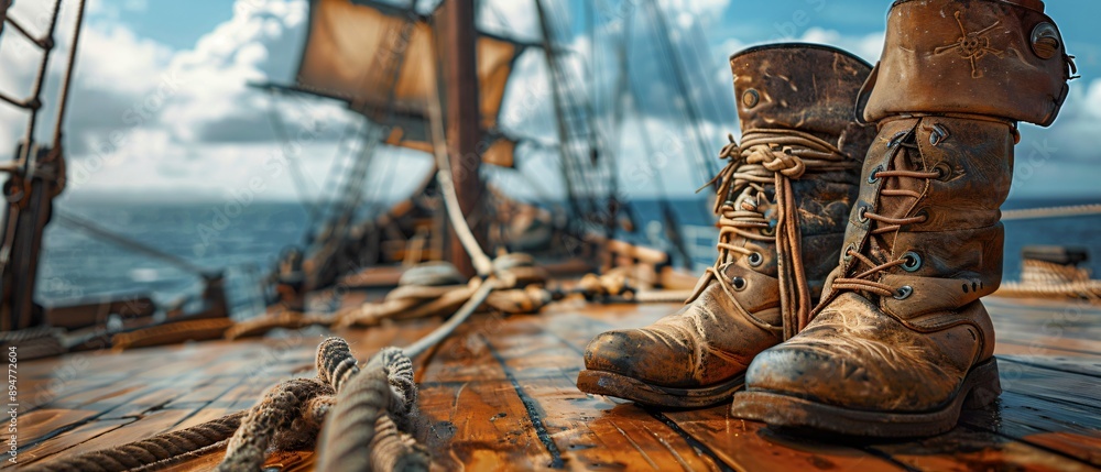 Fototapeta premium Pirate Boots and Cutlass on Wooden Ship Deck with Ropes and Sails Nautical Adventure Concept