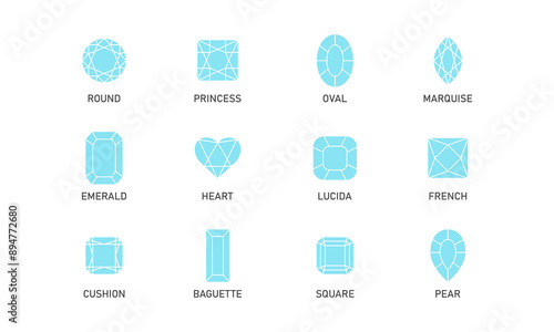 Brilliant crystal collection. Diamond shapes icon set. Vector illustration