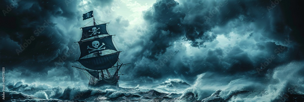 Fototapeta premium Thrilling Pirate Adventure Jolly Roger Flag on Ship Mast Amidst Stormy Seas and Dark Clouds