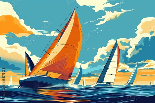 Sailing race, boats navigating, detailed flat design illustration showing sailboats navigating through a race course, with vibrant colors and dynamic movement, capturing the excitement and strategy