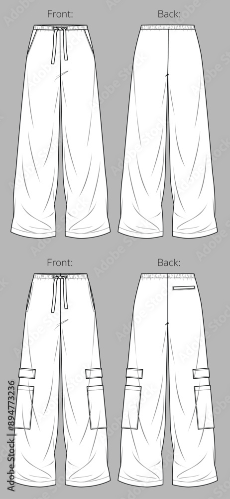Vector woman fleece or linen jogger technical drawing, utility style pants with waistband and side pockets detail fashion CAD, template, sketch, flat. Woman trousers with front, back view, white color Vector woman fleece or linen jogger technical drawing, utility style pants with waistband and side pockets detail fashion CAD, template, sketch, flat. Woman trousers with front, back view, white color