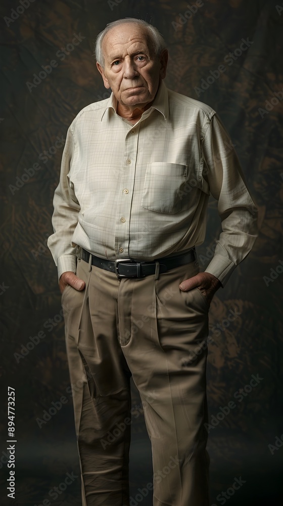 Thoughtful Elderly Gentleman in Relaxed Formal Attire Against Minimalist Studio Backdrop Thoughtful Elderly Gentleman in Relaxed Formal Attire Against Minimalist Studio Backdrop
