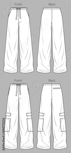 Vector woman fleece or linen jogger technical drawing, utility style pants with waistband and side pockets detail fashion CAD, template, sketch, flat. Woman trousers with front, back view, white color