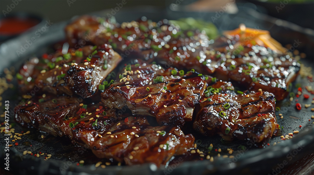 Grilled halal samgyeopsal (pork belly) served with lettuce wraps, in a contemporary Korean BBQ restaurant with sleek, industrial decor. Grilled halal samgyeopsal (pork belly) served with lettuce wraps, in a contemporary Korean BBQ restaurant with sleek, industrial decor.
