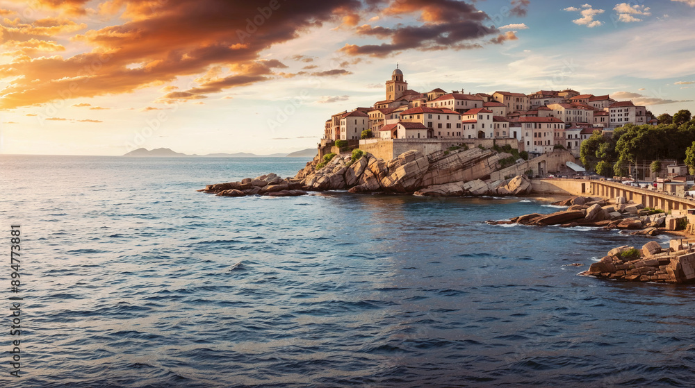 sunset on the coast with village and cliffs created with Generative AI technology sunset on the coast with village and cliffs created with Generative AI technology