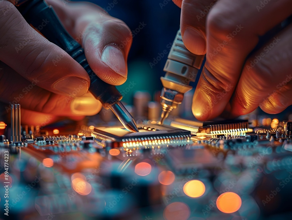 Hands repairing an electronic circuit board Hands repairing an electronic circuit board