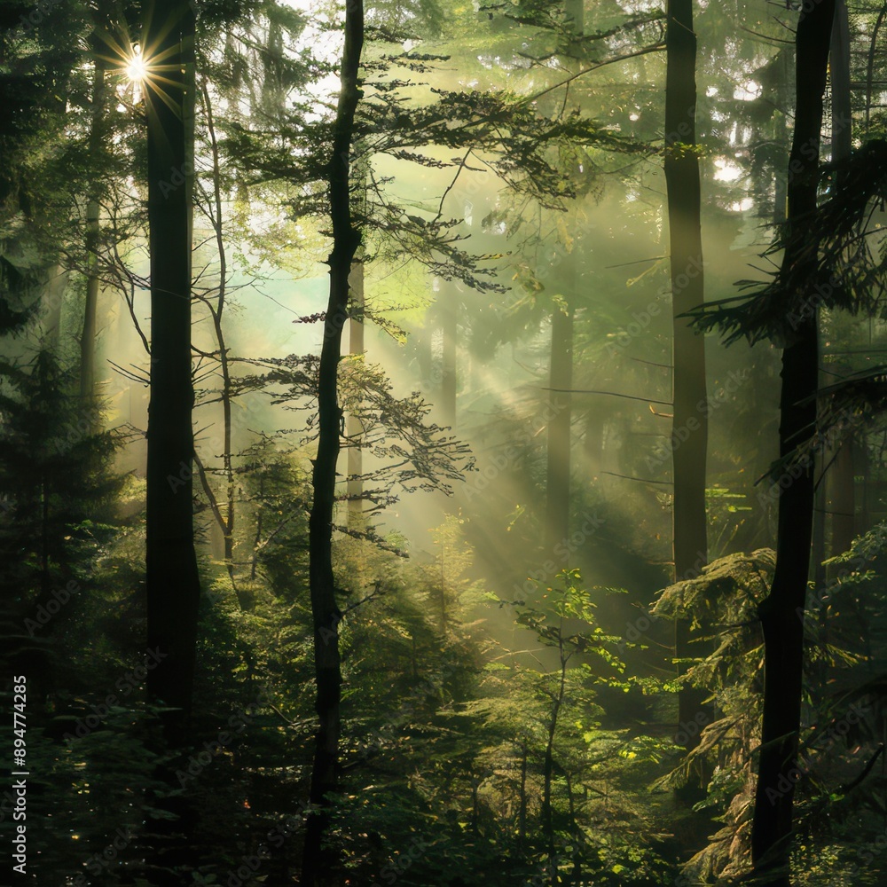 Fototapeta premium Sunlight Filtering Through Forest Trees