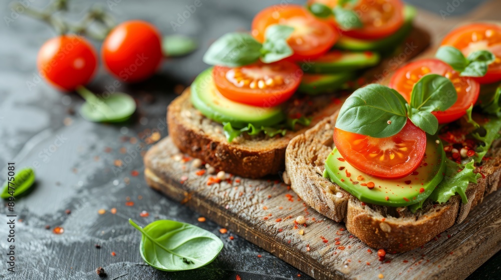 healthy breakfast option, healthy breakfast avocado toast on whole grain bread with cherry tomatoes on a wooden board, perfect for a nutritious meal with room for text healthy breakfast option, healthy breakfast avocado toast on whole grain bread with cherry tomatoes on a wooden board, perfect for a nutritious meal with room for text