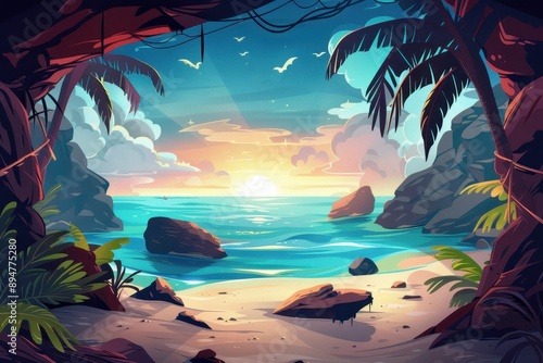 Colorful cartoon landscape of a tropical beach at sunset with palm trees, rocks, and a blue sea photo