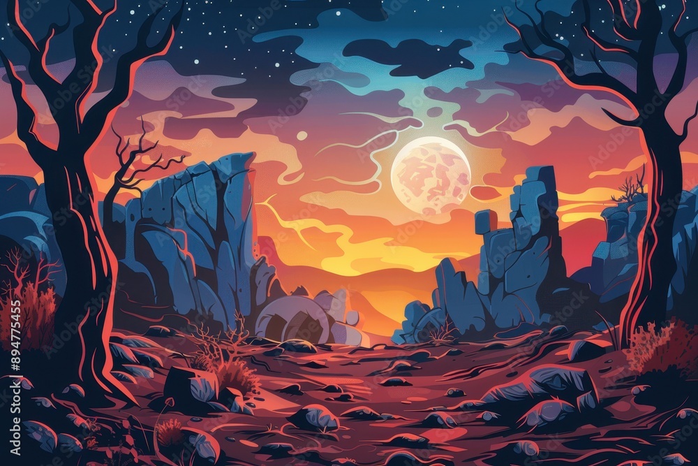 Mystical Desert Landscape with Moonlight and Rocky Formations Mystical Desert Landscape with Moonlight and Rocky Formations