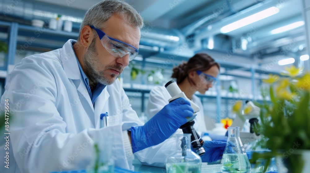 Two researchers are engaged in scientific study using a microscope in a well-equipped laboratory, focusing on experiments and the analysis of scientific samples. Two researchers are engaged in scientific study using a microscope in a well-equipped laboratory, focusing on experiments and the analysis of scientific samples.
