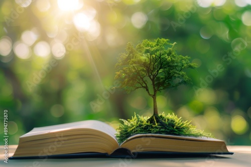 The tree depicted in an open book represents learning and a connection to nature, symbolizing growth, wisdom, and environmental awareness by intertwining education with the natural world photo