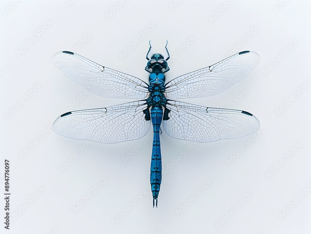 Vibrant Azure Dragonfly Frozen in Time Against Plain White Backdrop Vibrant Azure Dragonfly Frozen in Time Against Plain White Backdrop