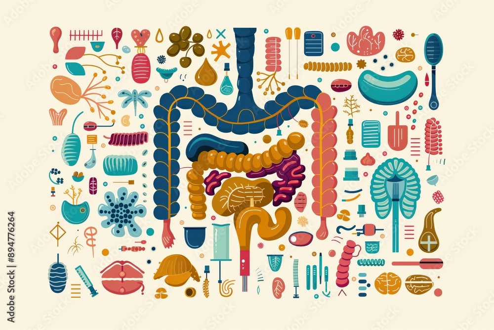 Digestive system, organ functions, detailed flat design illustration with labeled organs of the digestive system, showing the path of food digestion and nutrient absorption, vibrant and educational Digestive system, organ functions, detailed flat design illustration with labeled organs of the digestive system, showing the path of food digestion and nutrient absorption, vibrant and educational