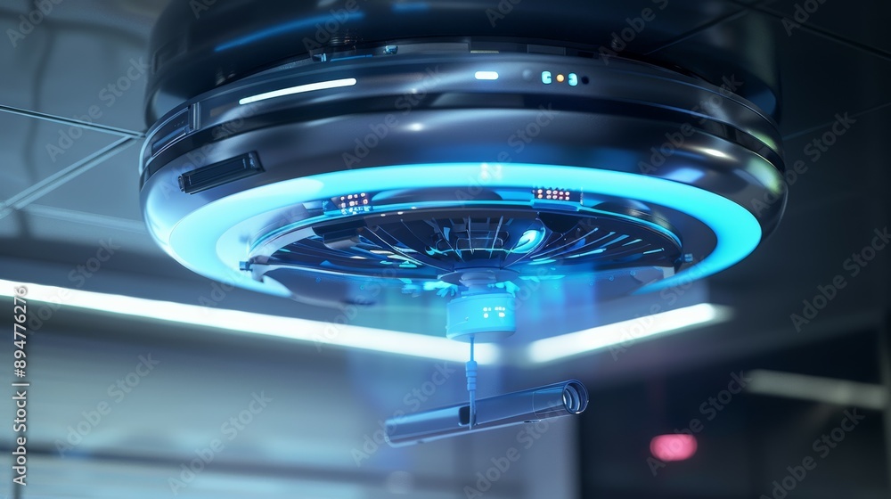 Robot assistant installing sleek exhaust fan in futuristic home holographic instructions visible Robot assistant installing sleek exhaust fan in futuristic home holographic instructions visible