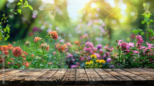 Summer garden backdrop and free space desk.