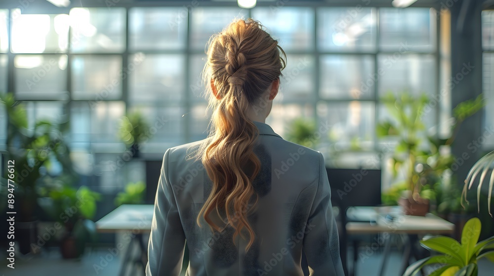 Professional woman in suit, back view, standing at desk, bright modern office space, open plan workspace, natural light, large windows, contemporary office furniture. Professional woman in suit, back view, standing at desk, bright modern office space, open plan workspace, natural light, large windows, contemporary office furniture.